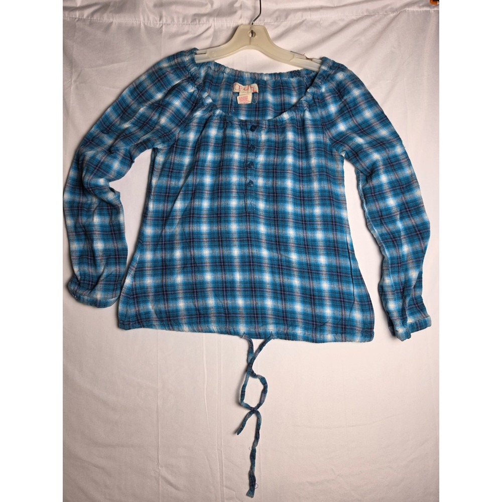 Vintage Op Aqua Blue Plaid Button Front Drawstring Hem Long Sleeve Top S